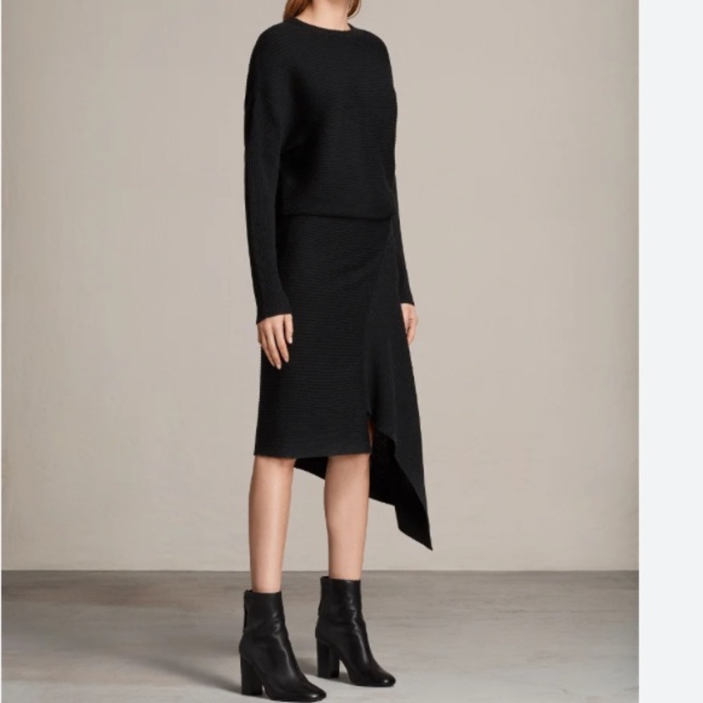 All Saints Eva Dress 100% merino wool asymmetrical black